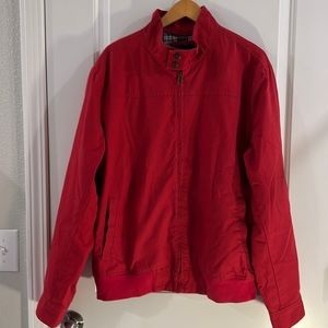 Red bomber jacket.